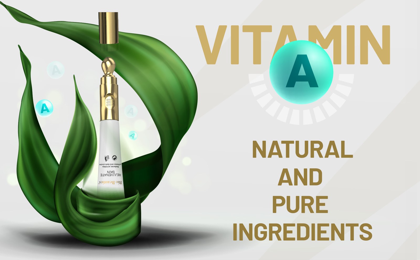 Eye cream tube standing in green leaves beside the words Vitamin A Natural and Pure Ingredients