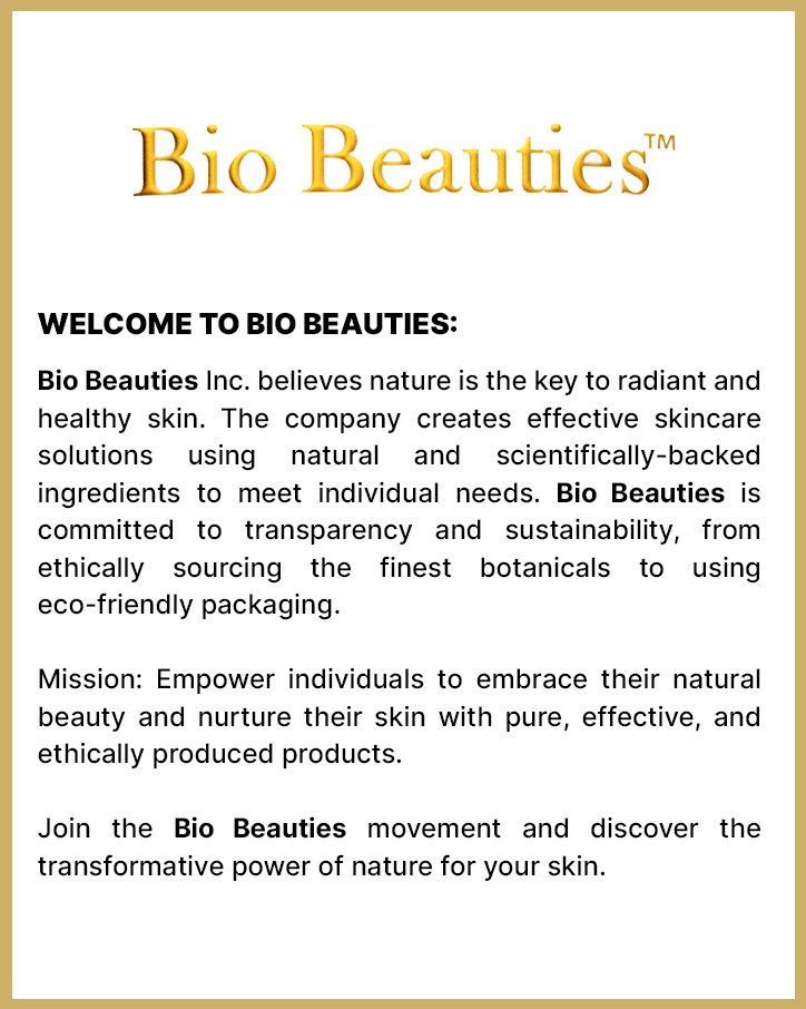 Welcome card with the Bio Beauties logo and the brand mission
