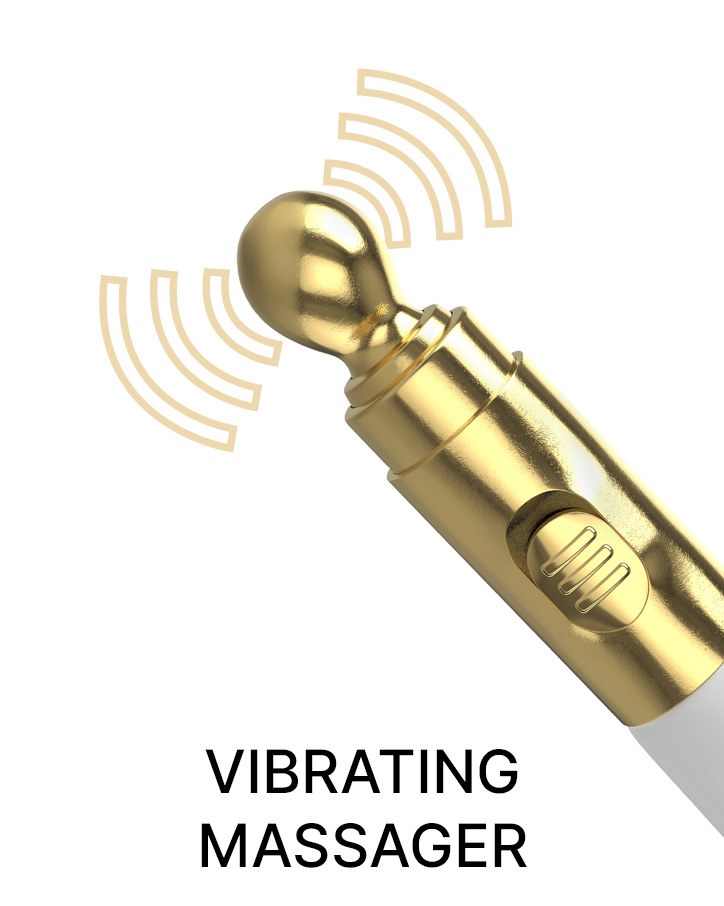 Gold vibrating tip with sound-wave arcs and the label Vibrating Massager