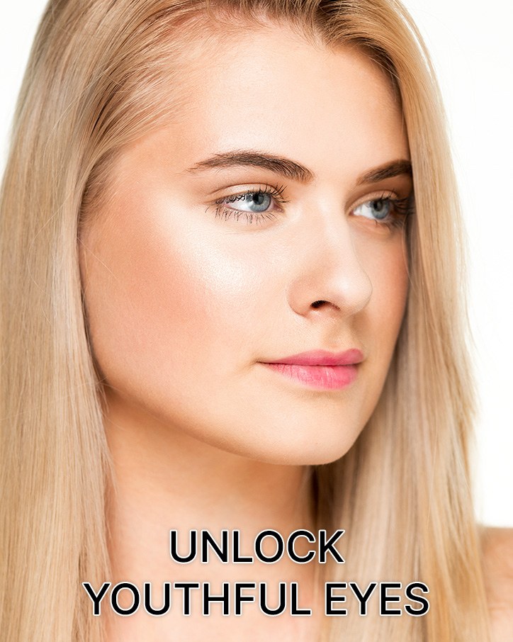 Close portrait of a blonde woman with the label Unlock Youthful Eyes