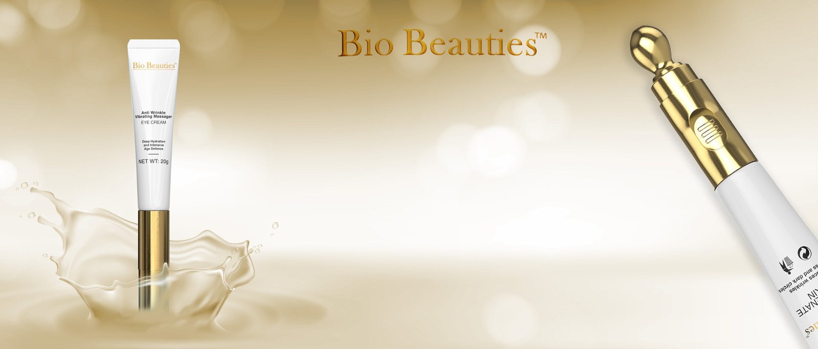 Bio Beauties brand banner with the tube in a splash of cream and the gold applicator tip on a warm gold background
