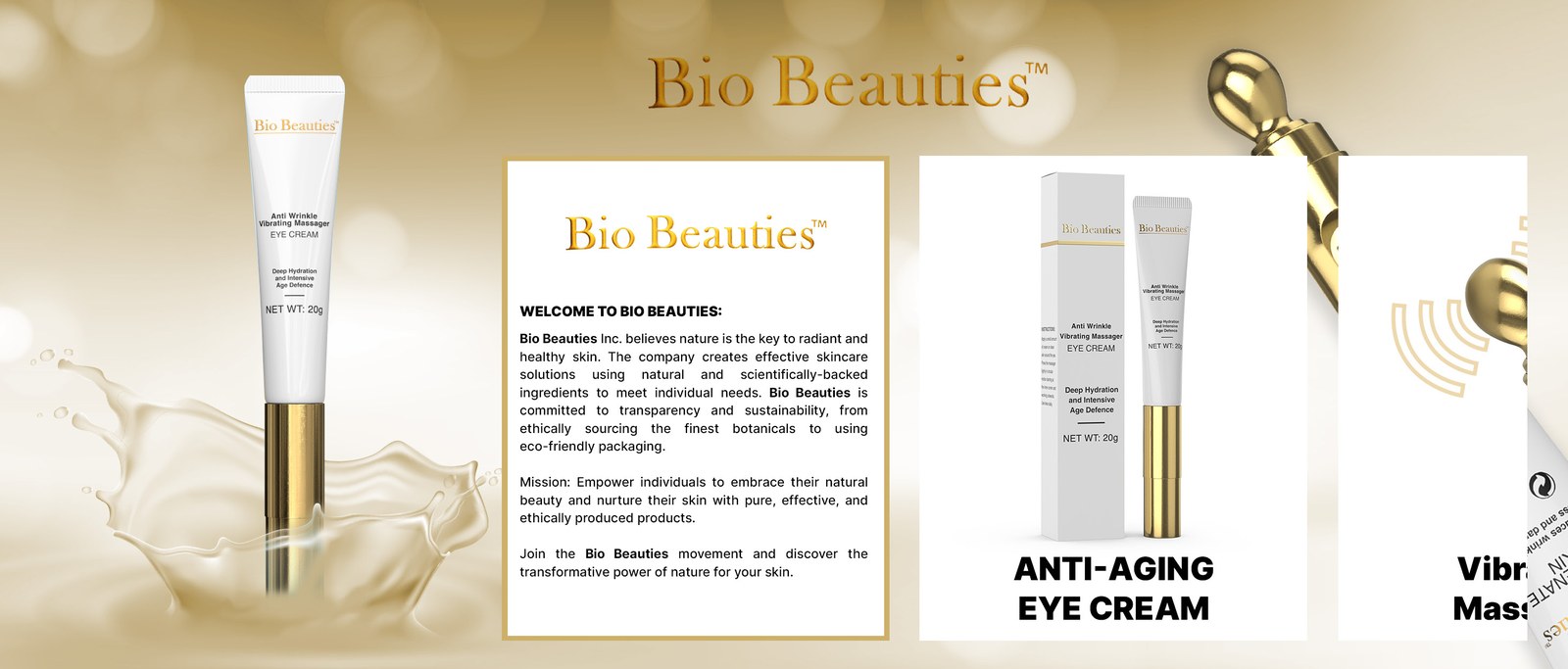 Brand story layout with the welcome card and two product cards on the gold brand field