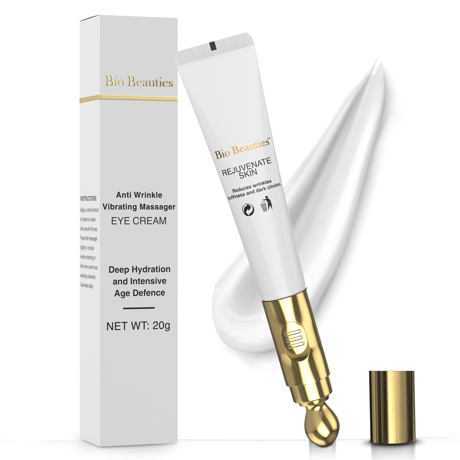 White background hero of the Bio Beauties eye cream box and tube with the gold vibrating tip, beside a swoosh of cream