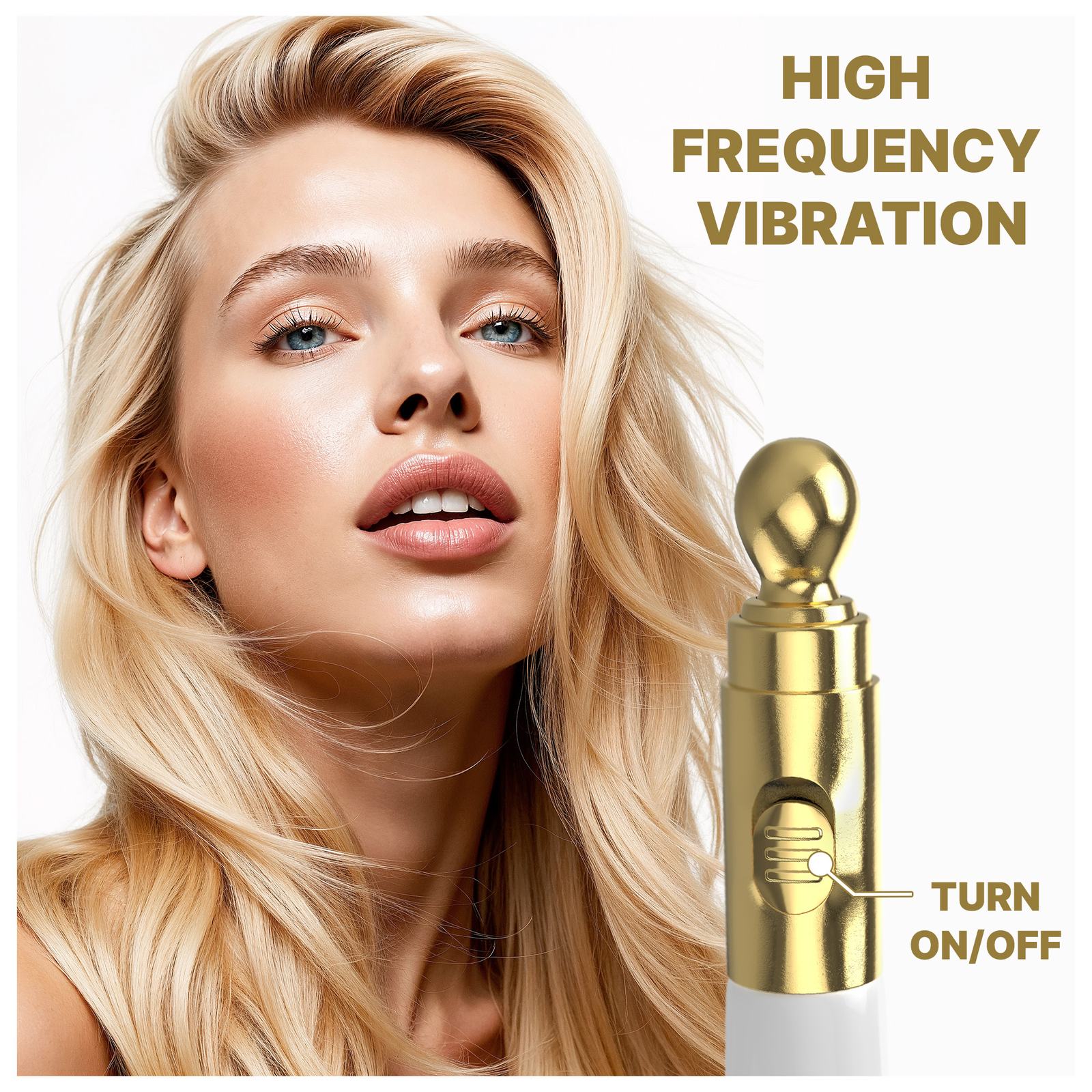 Woman with blonde hair beside the gold vibrating applicator and the words High Frequency Vibration