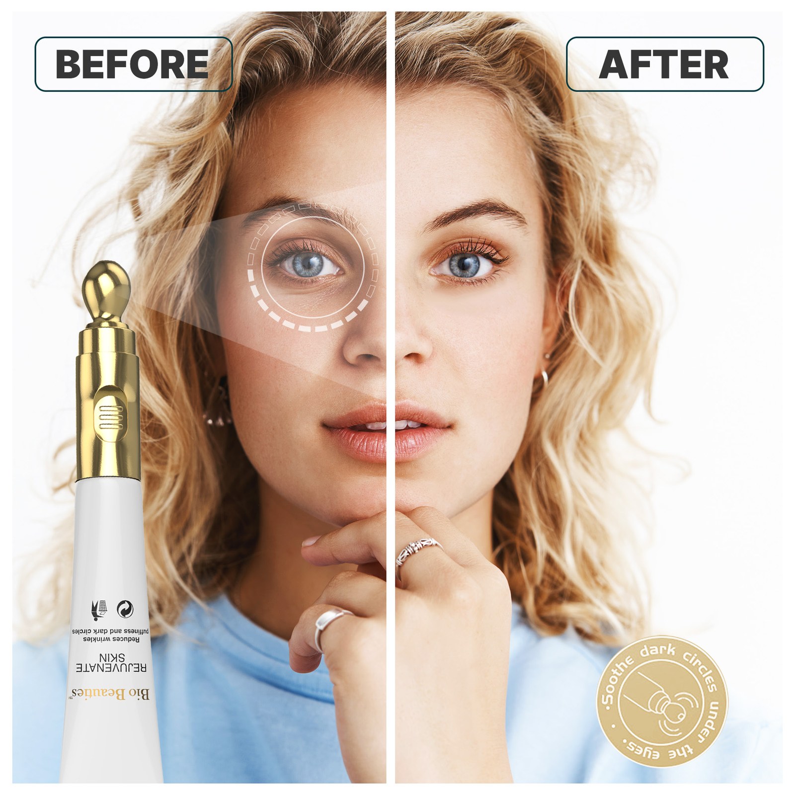 Before and after split portrait of a woman with the applicator tube in the lower left