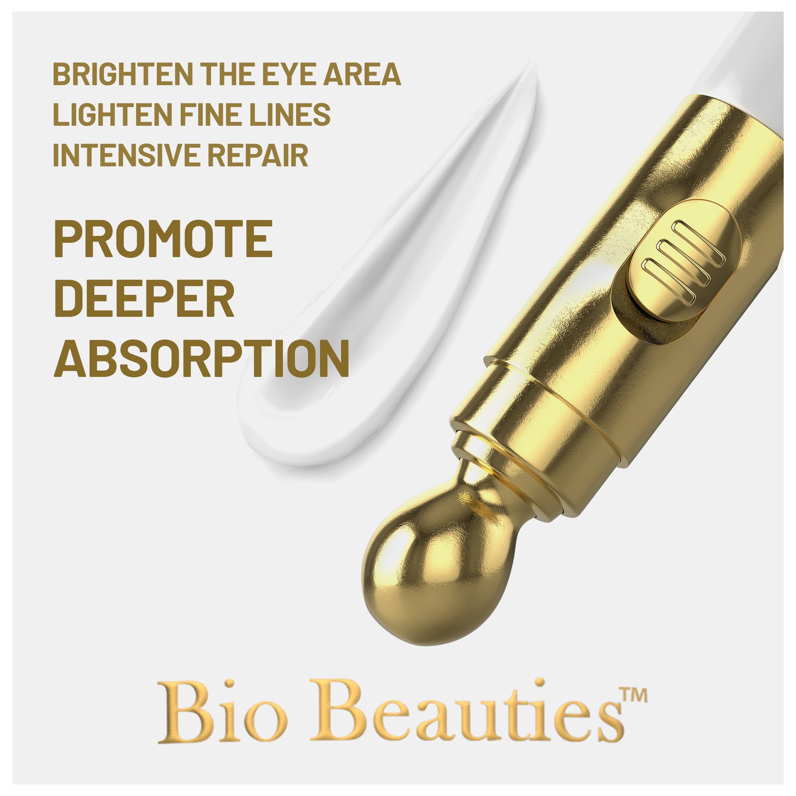 Close-up of the gold applicator tip with the words Promote Deeper Absorption and the Bio Beauties logo