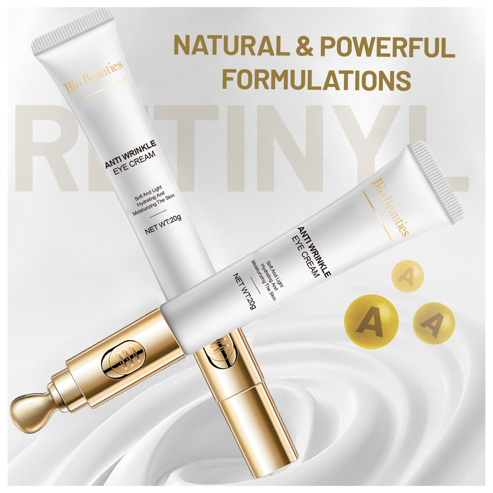 Two eye cream tubes crossed over a swirl of cream with the word Retinyl behind them and three vitamin A spheres