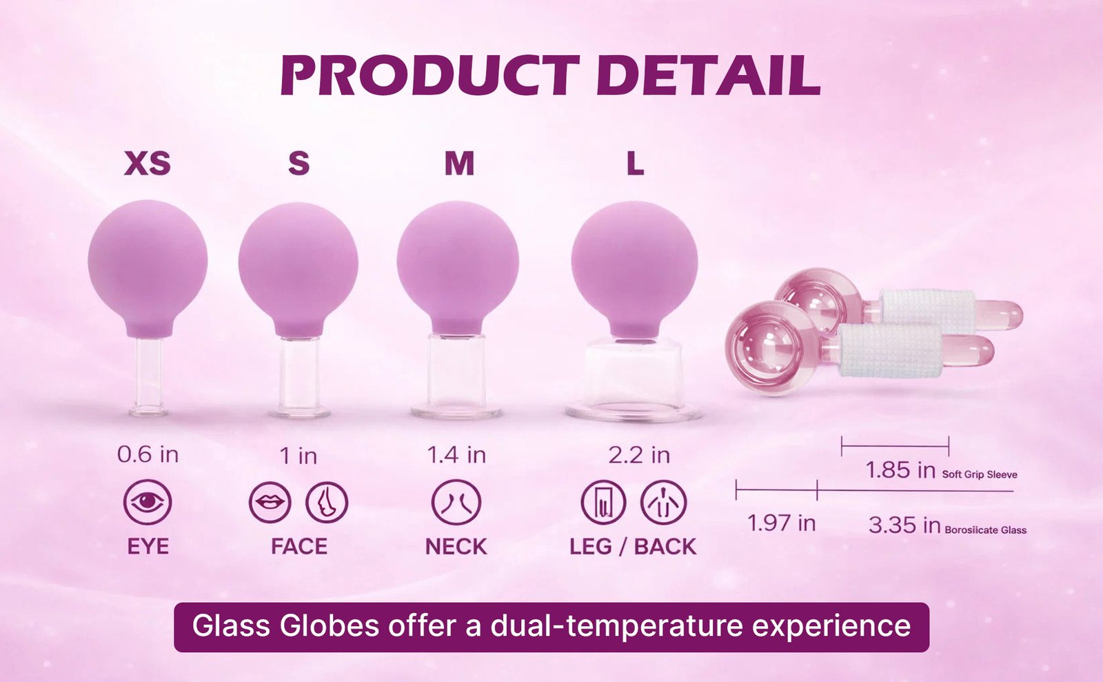Product detail showing cup sizes XS through L and glass globe measurements