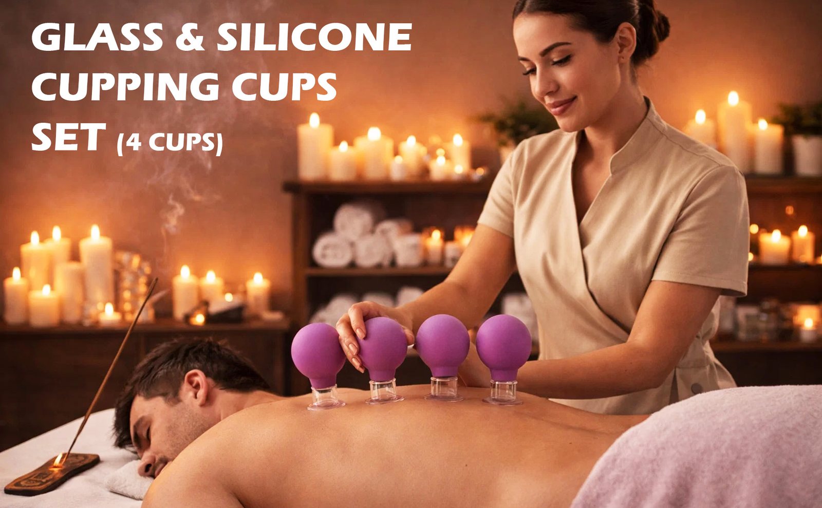 Four purple cups placed on a client's back in a candlelit room