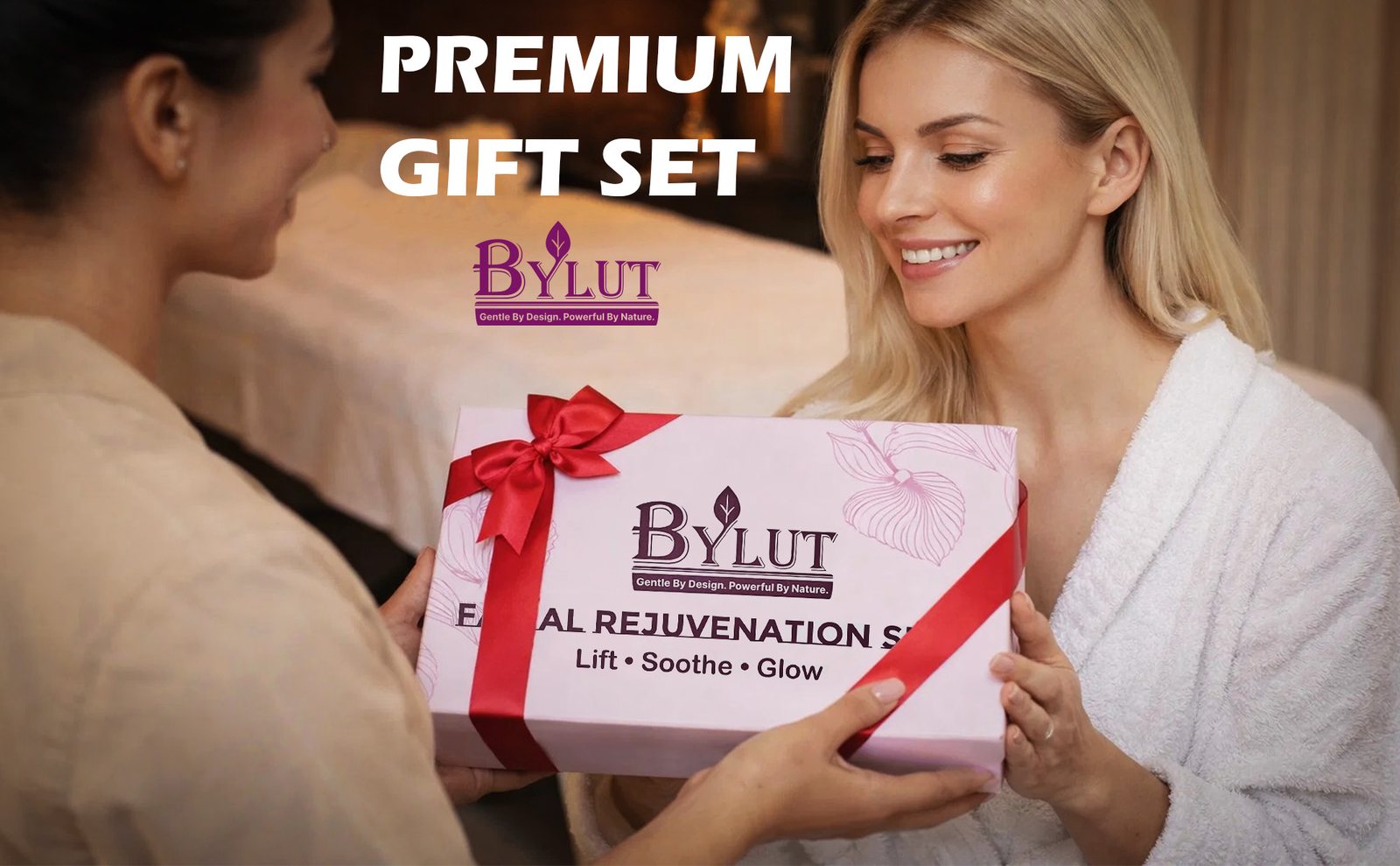 BYLUT box presented as a gift with a red ribbon