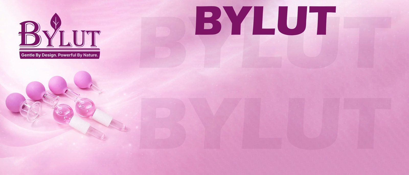Pink BYLUT brand banner with the logo and the cupping set
