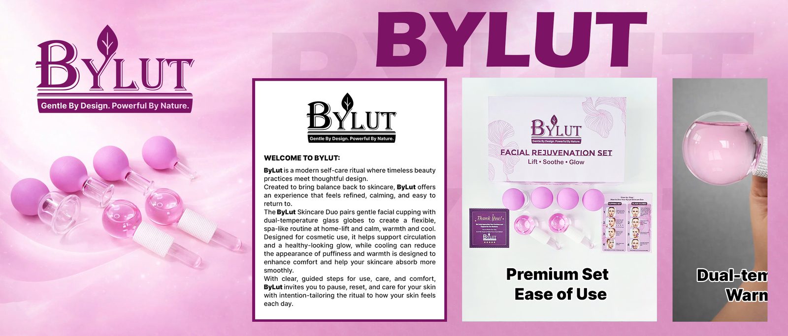 Brand story layout with welcome text, the set, and a glass globe
