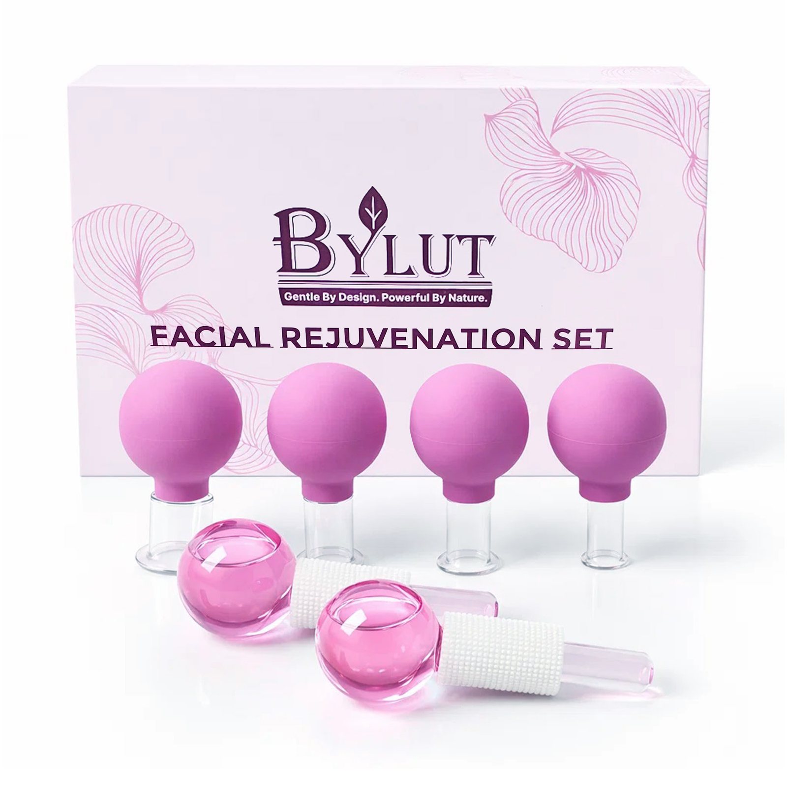 White background hero of the BYLUT Facial Rejuvenation Set, box, four purple cups, and two pink glass globes