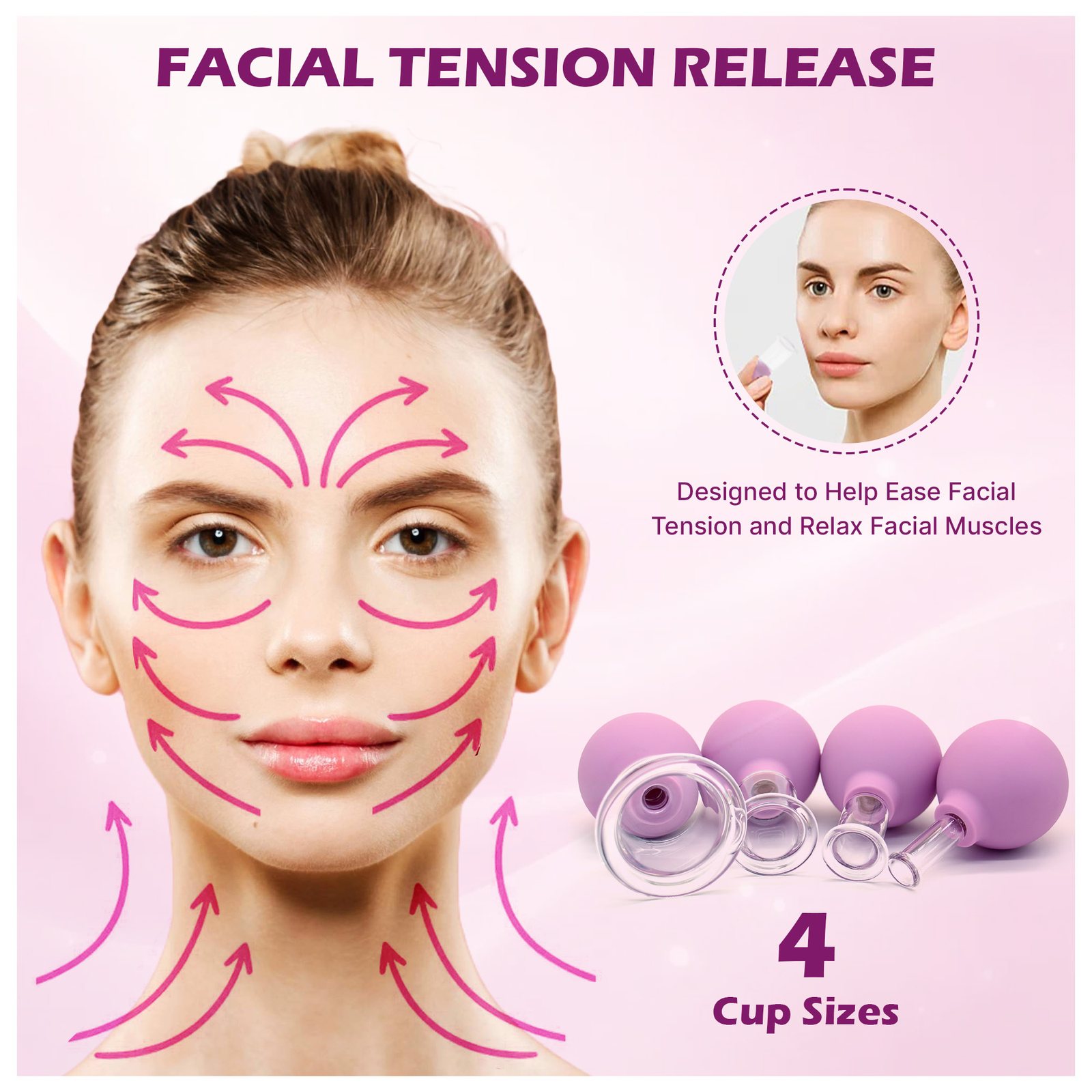 Facial tension release graphic with stroke arrows and four cup sizes