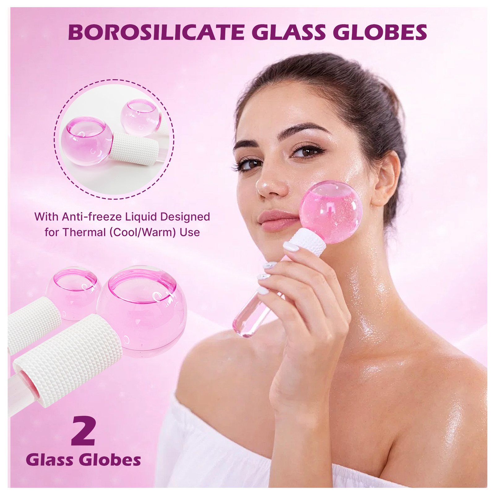 Woman using a pink borosilicate glass globe on her cheek