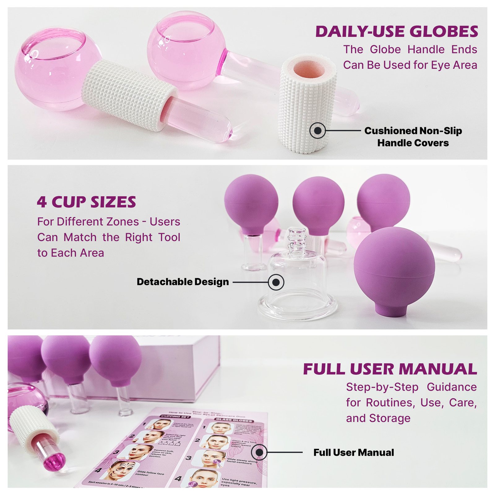 Callouts for daily-use globes, four cup sizes, and the user manual