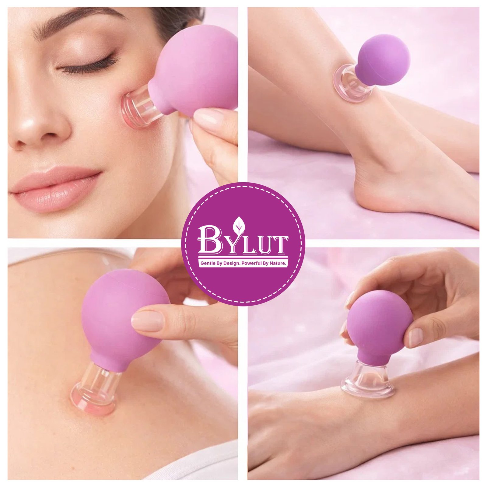 Four photos of the purple cup in use on face, ankle, back, and wrist