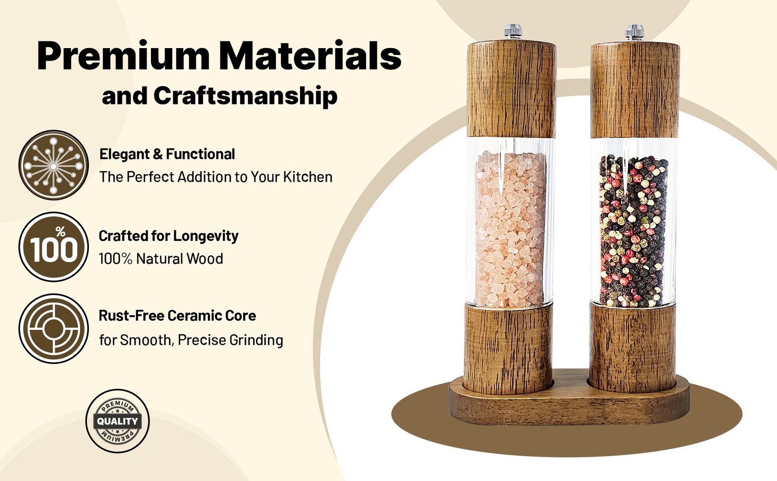 Premium materials and craftsmanship module with three feature icons beside the grinder pair