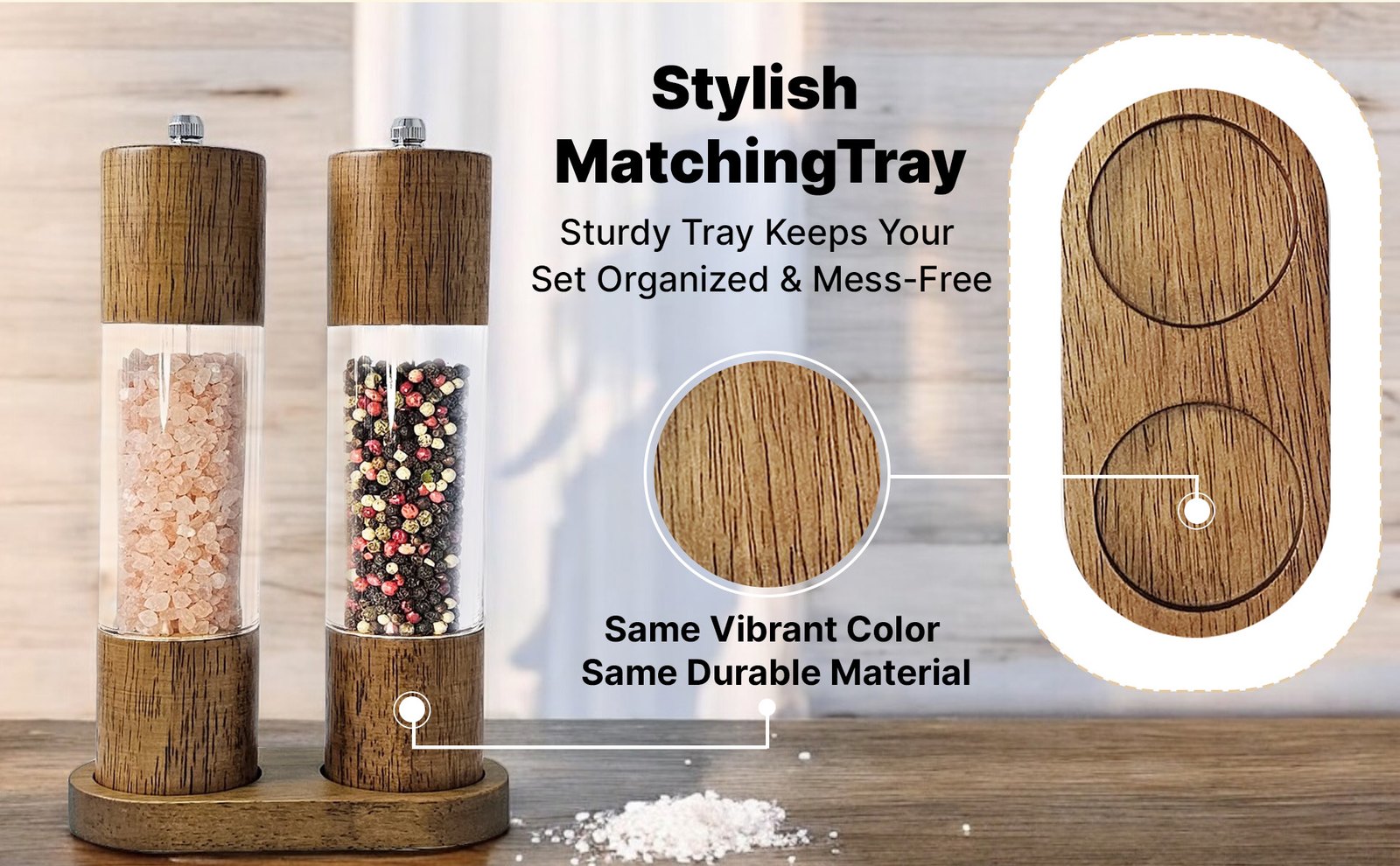 Matching tray module with wood-grain close-ups linking the tray and the grinder base