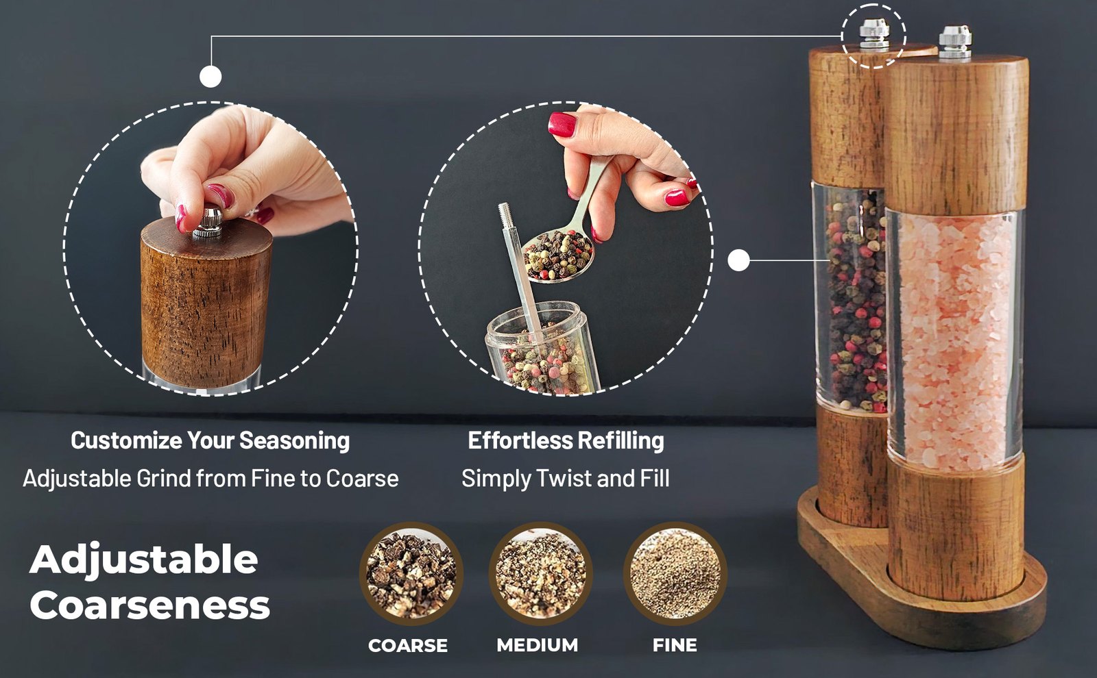 Grind adjustment and refilling close-ups with coarse, medium, and fine swatches