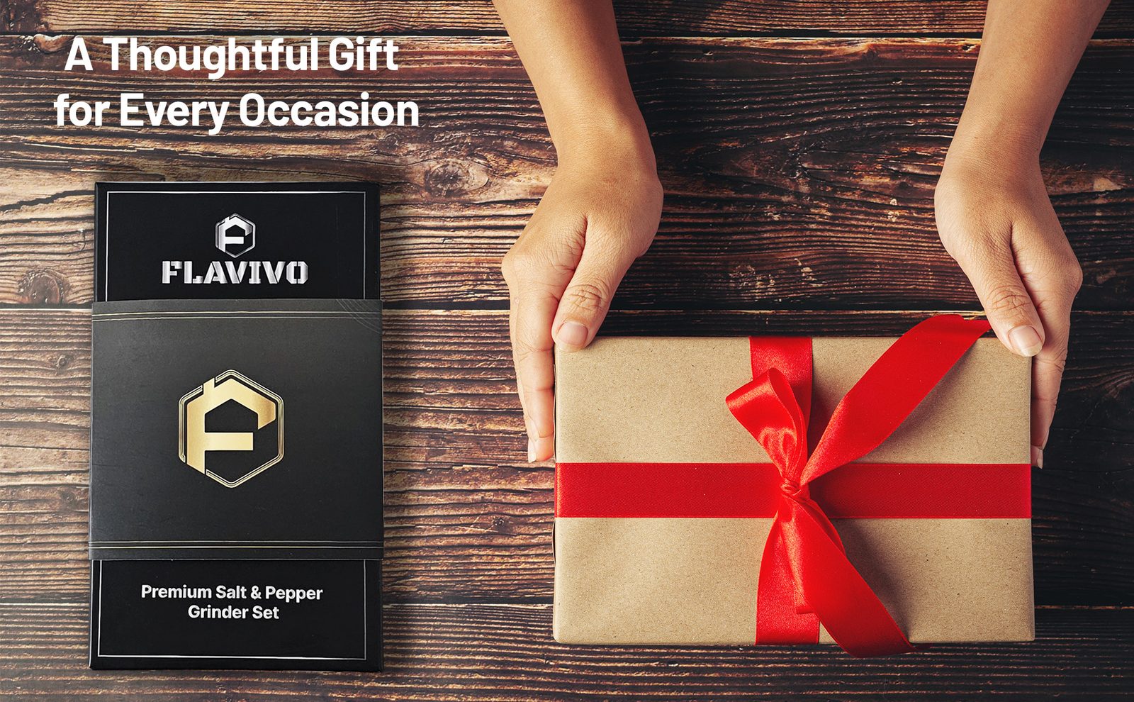 FLAVIVO gift box next to hands holding a wrapped present with a red ribbon