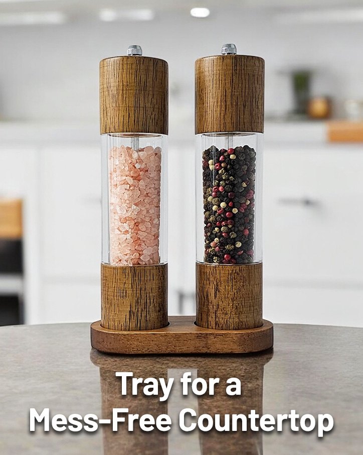 Grinder pair on its tray on a kitchen counter labeled Tray for a Mess-Free Countertop