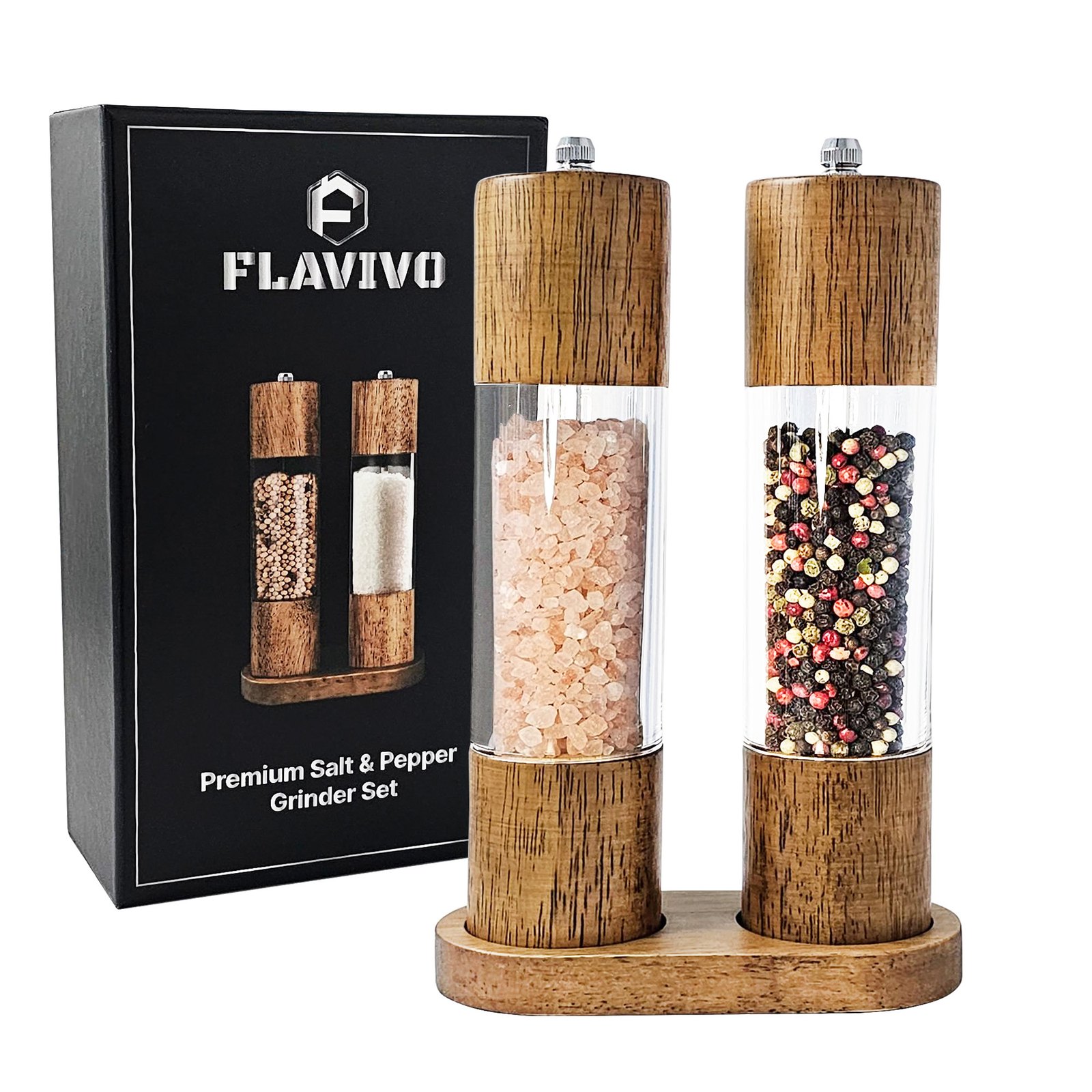 White background hero of the FLAVIVO grinder pair on its wooden tray beside the black gift box