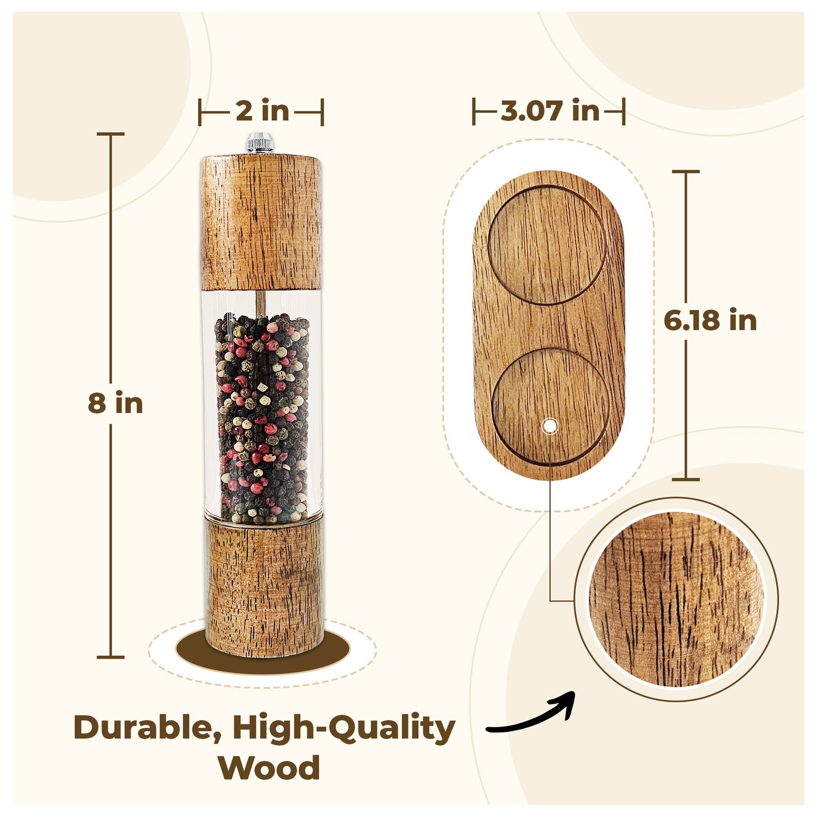 Dimension graphic showing an 8 inch tall, 2 inch wide grinder and a 3.07 by 6.18 inch tray
