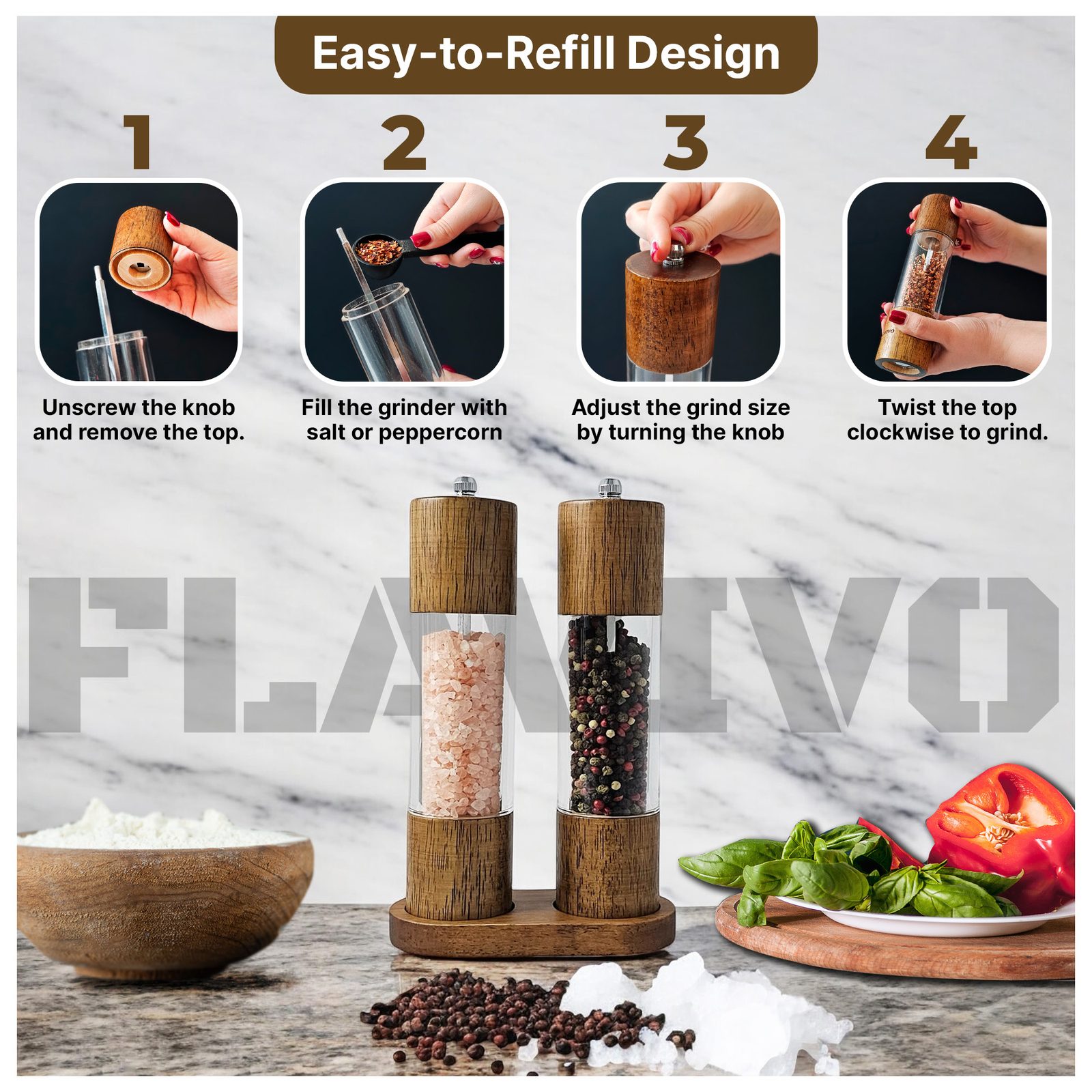 Four-step refill guide above the grinder pair on a marble counter