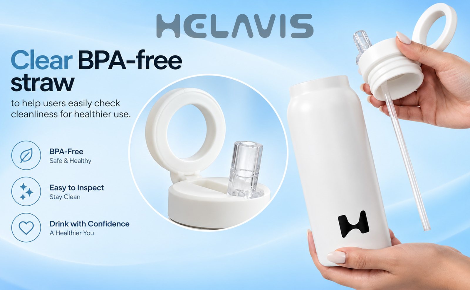 Hands opening the white lid to show a clear straw