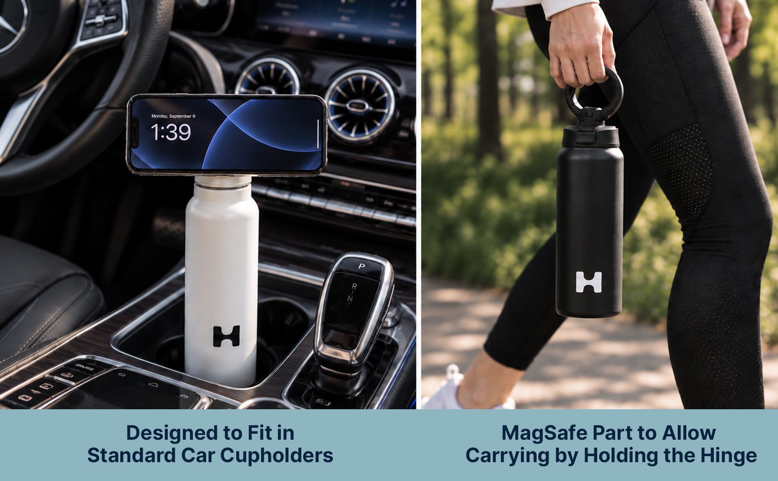 White bottle in a car cupholder with a phone, and the black bottle carried by its lid ring