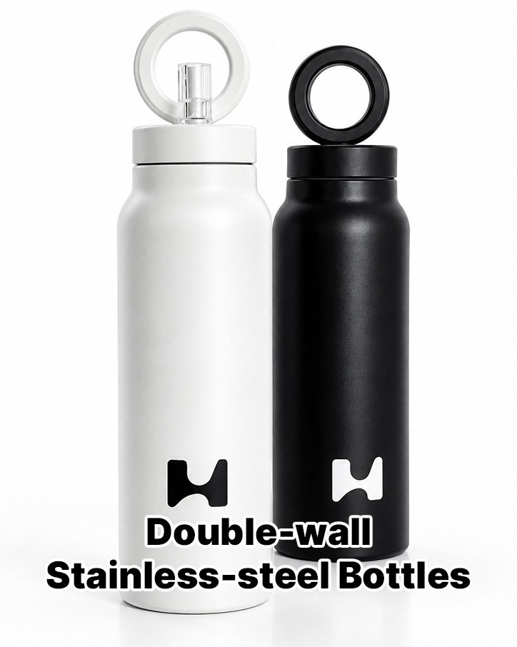 White and black bottles labeled double-wall stainless steel