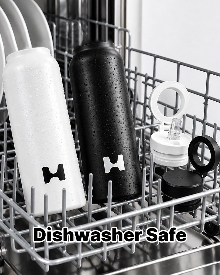Both bottles and lids standing in a dishwasher rack