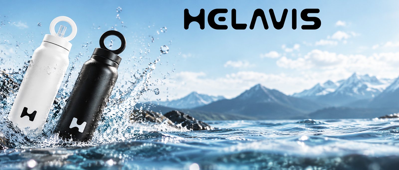 White and black bottles splashing in a mountain lake under the HELAVIS logo