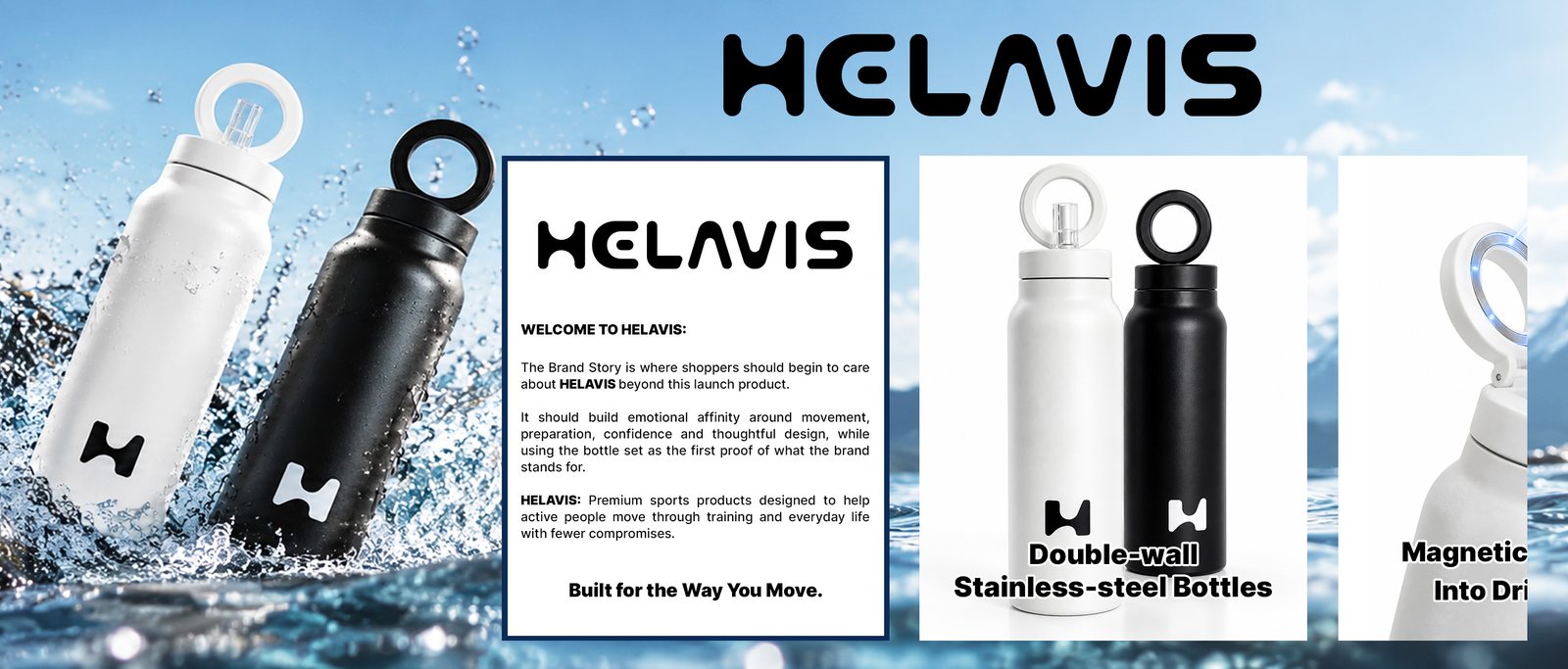 Brand story layout with a welcome card and product cards on the water scene