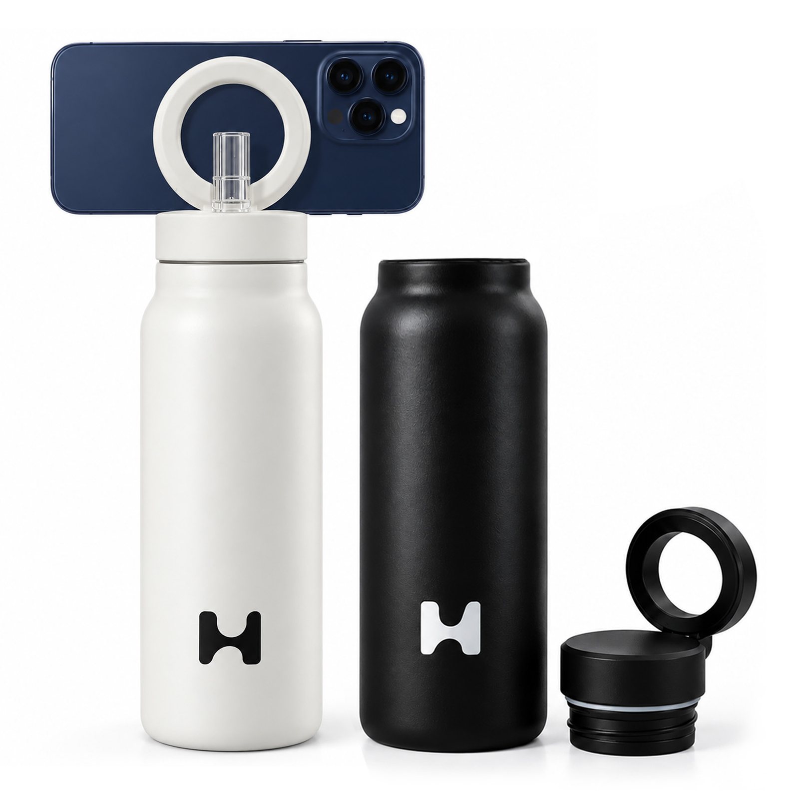 White and black HELAVIS bottles on white, with a phone held on the white lid ring