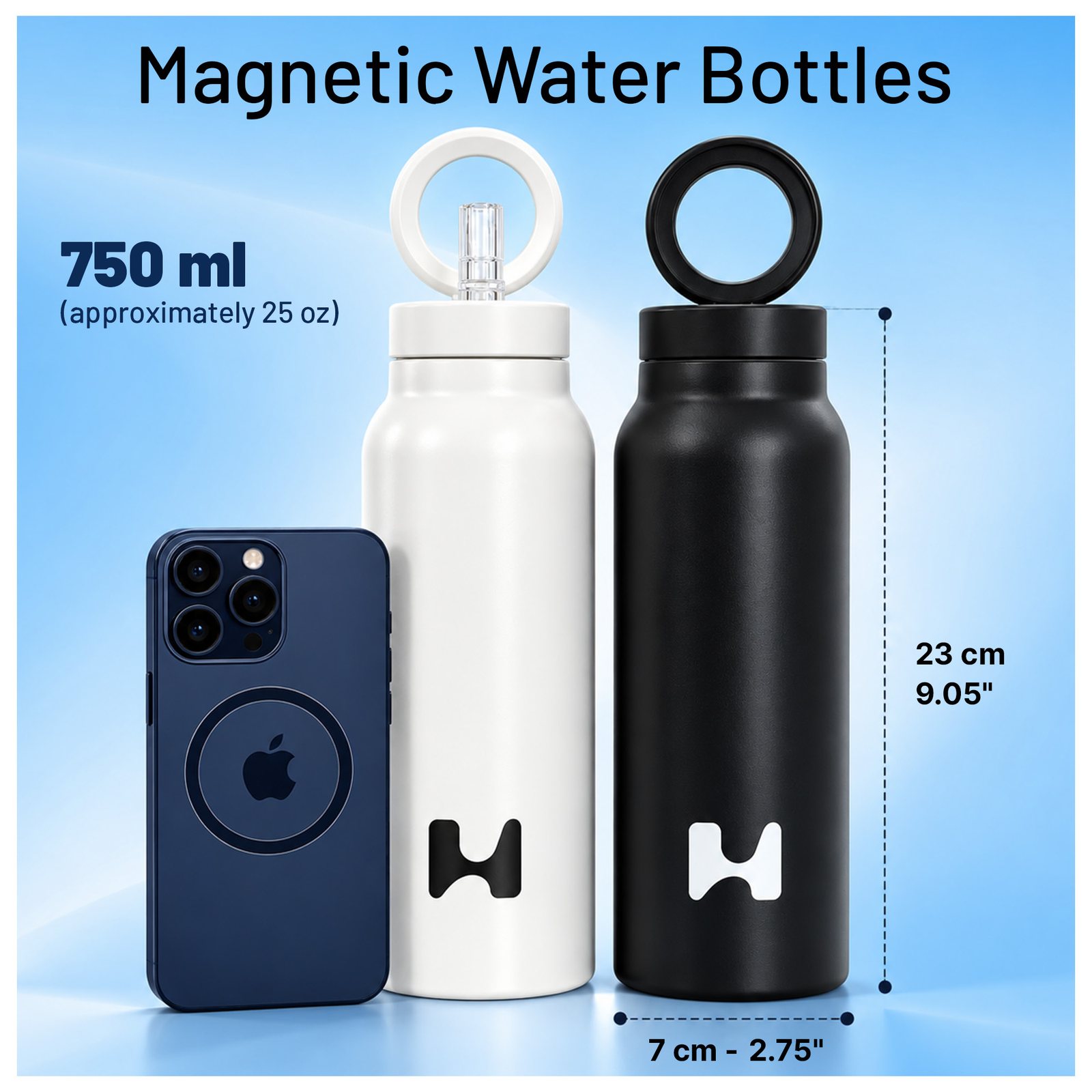 Size diagram of the bottles next to a phone, marked 750 ml and 23 cm