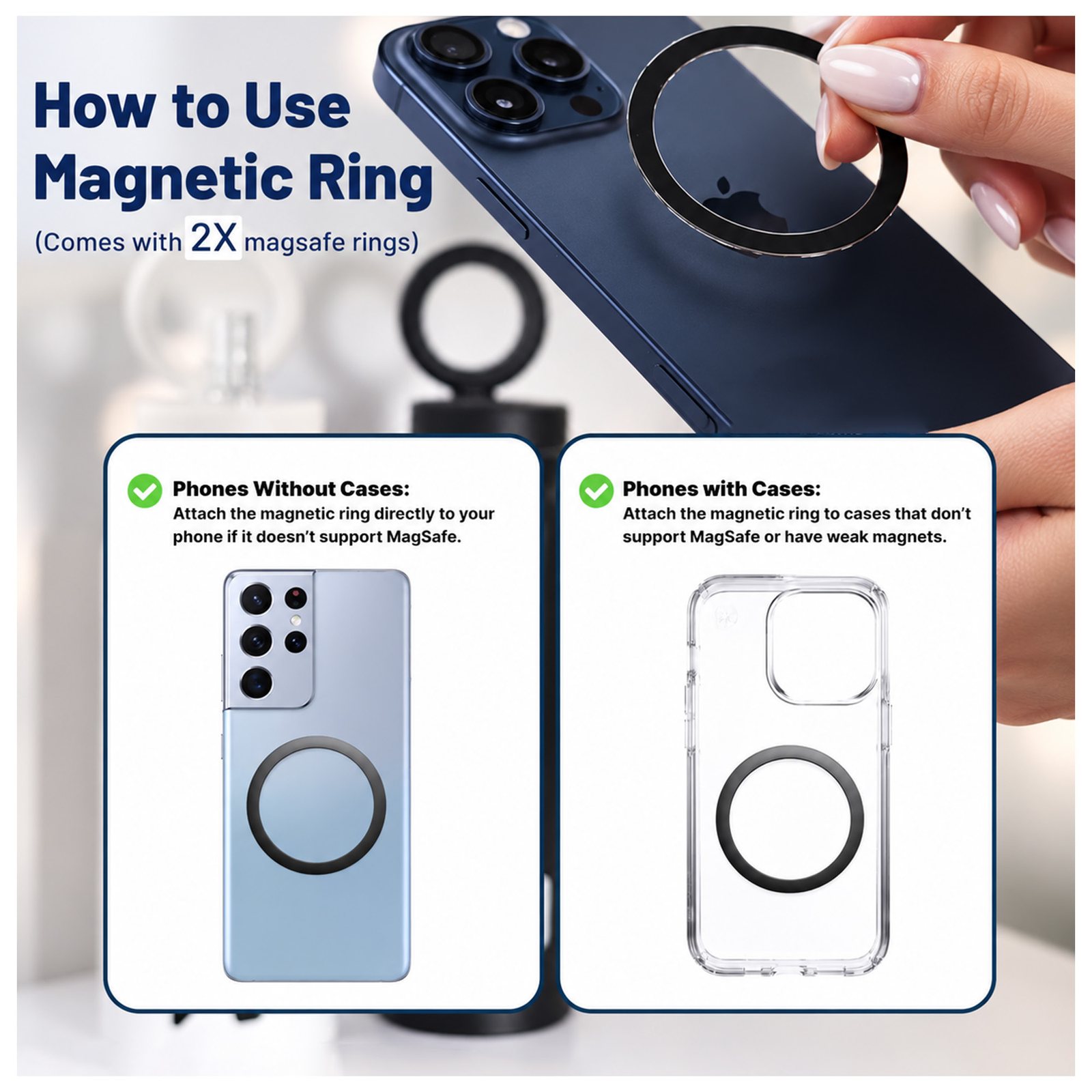 How to attach the magnetic ring to a phone and to a clear case