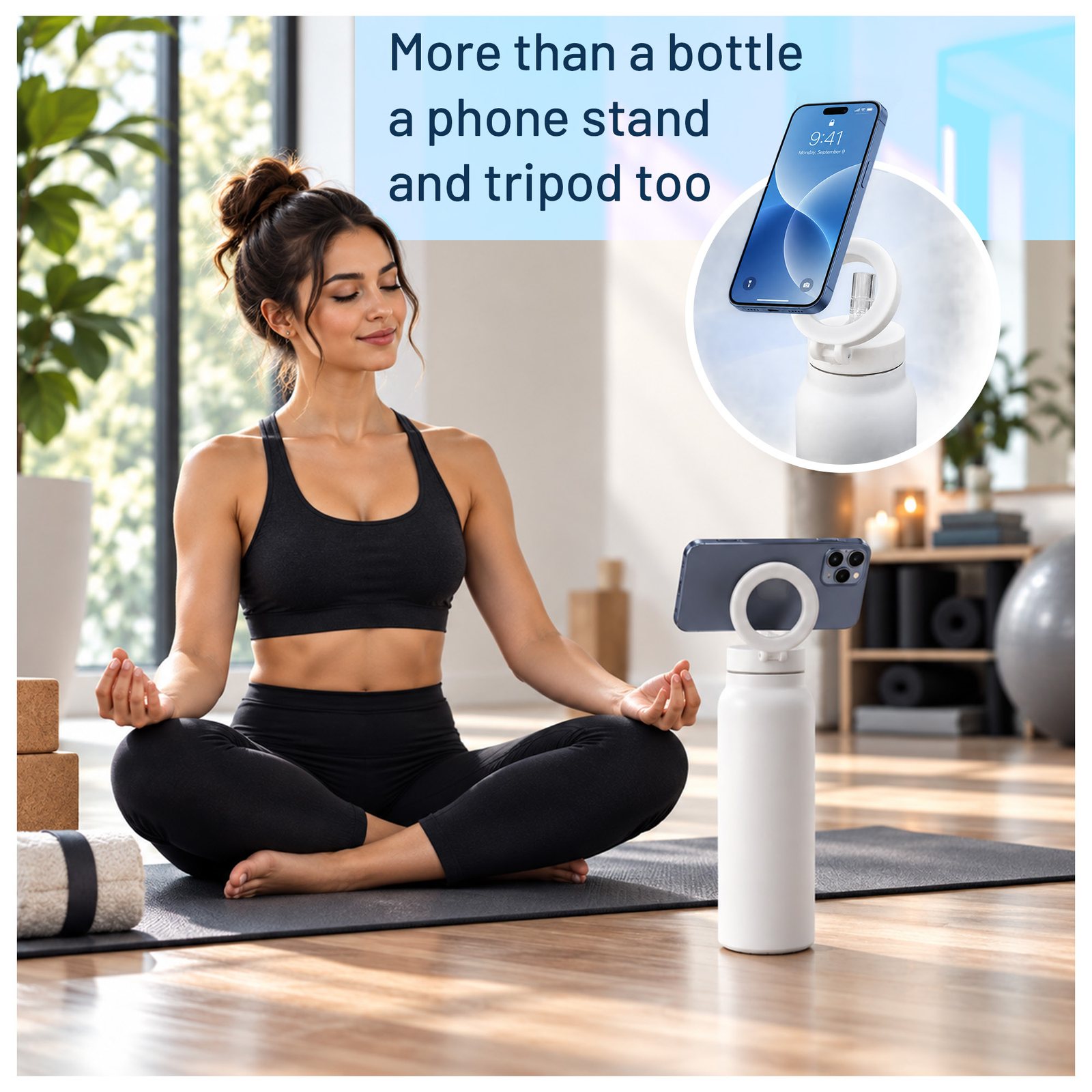 Woman meditating with a phone resting on the white bottle