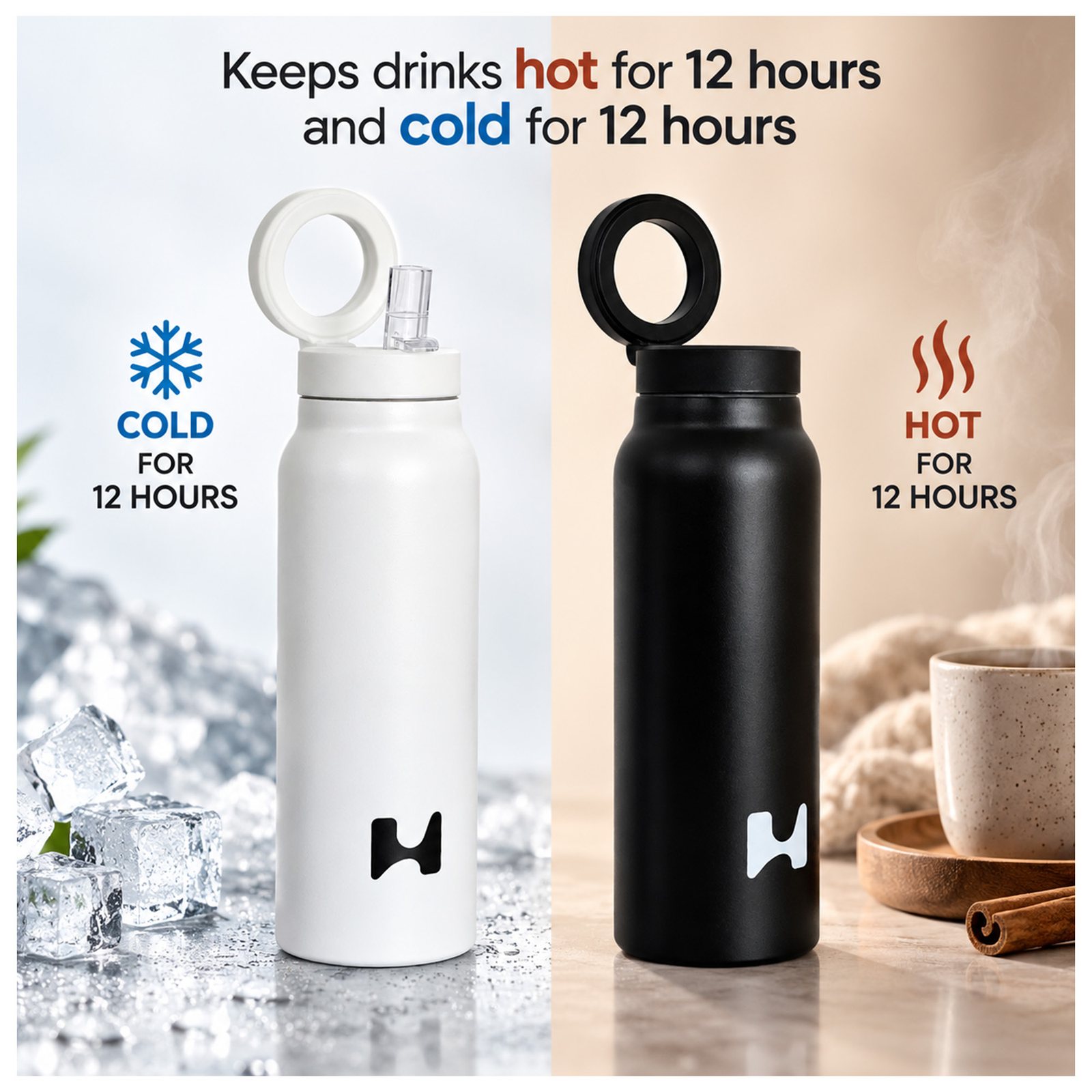 White bottle with ice and black bottle with a hot drink