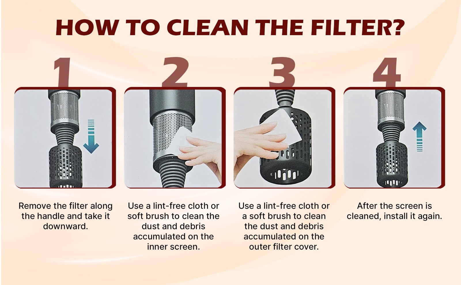 How to clean the filter guide with four numbered photo steps