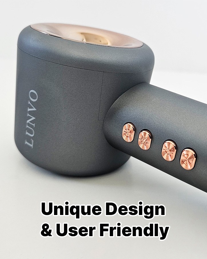 Close-up of the gray LUNVO hair dryer head and copper buttons