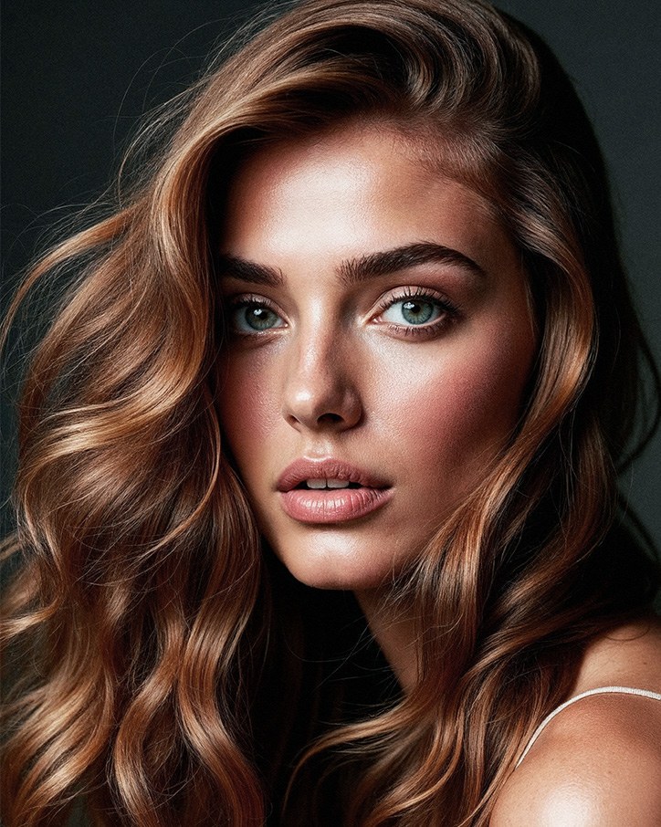 Portrait of a woman with long glossy wavy brown hair