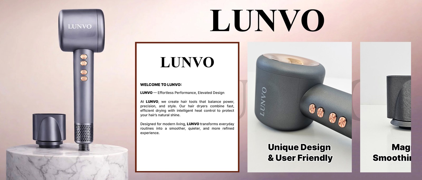 Brand story layout with the welcome card and product cards placed over the brand field