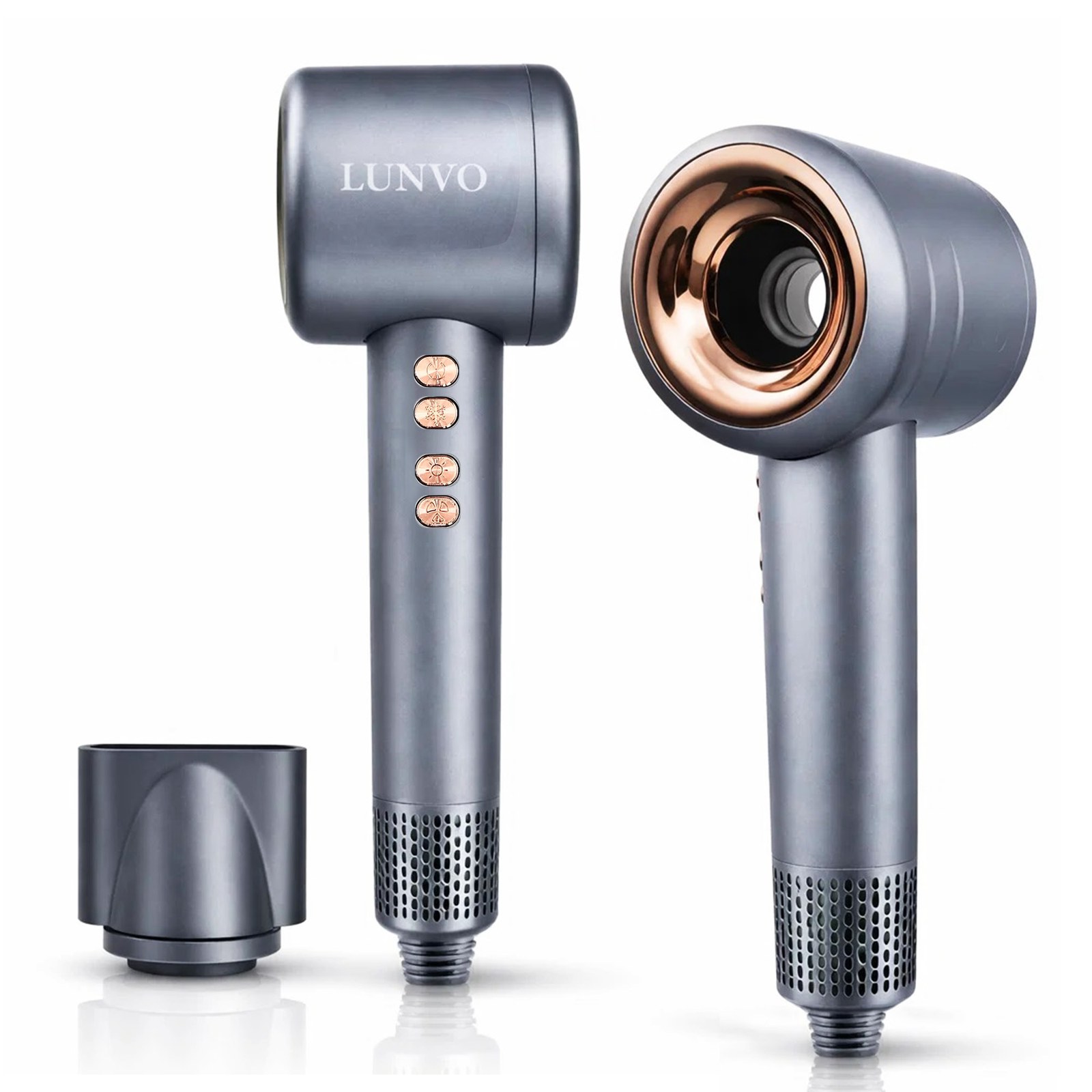 Gray LUNVO hair dryer with copper-gold buttons and a separate magnetic nozzle on white