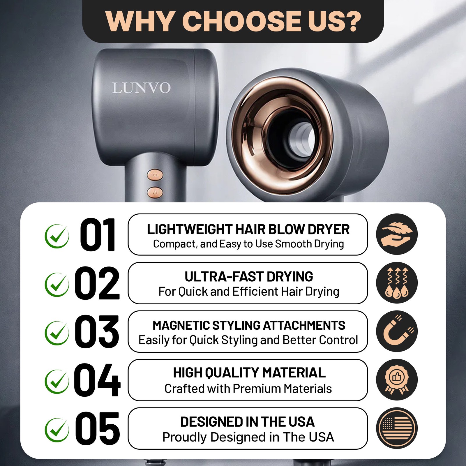 Why Choose Us list with five points over a close-up of two LUNVO hair dryers