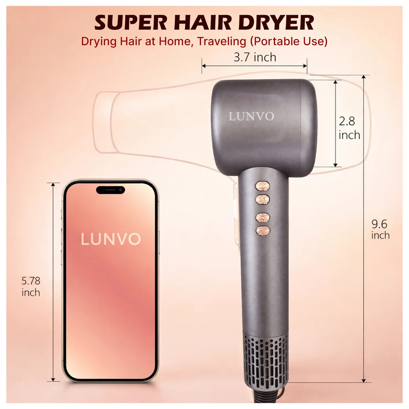 Hair dryer beside a phone with dimension callouts and the headline Super Hair Dryer