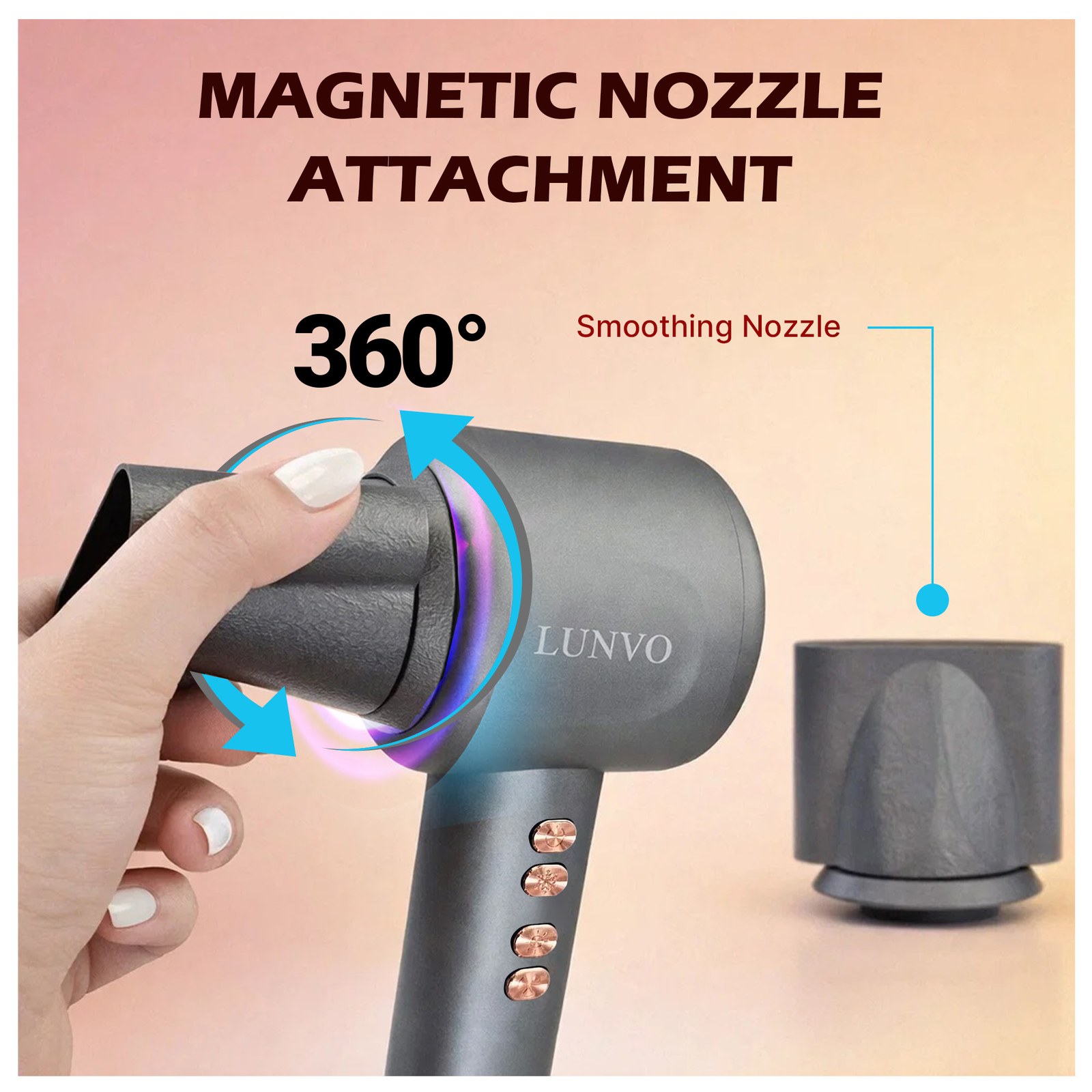 Hand rotating the magnetic nozzle on the hair dryer with a 360 degree arrow