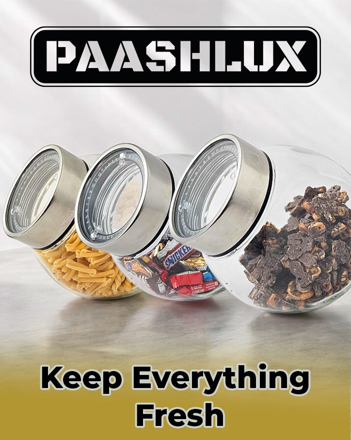 Three tilted glass jars filled with pasta, candy and dried snacks under the PAASHLUX logo