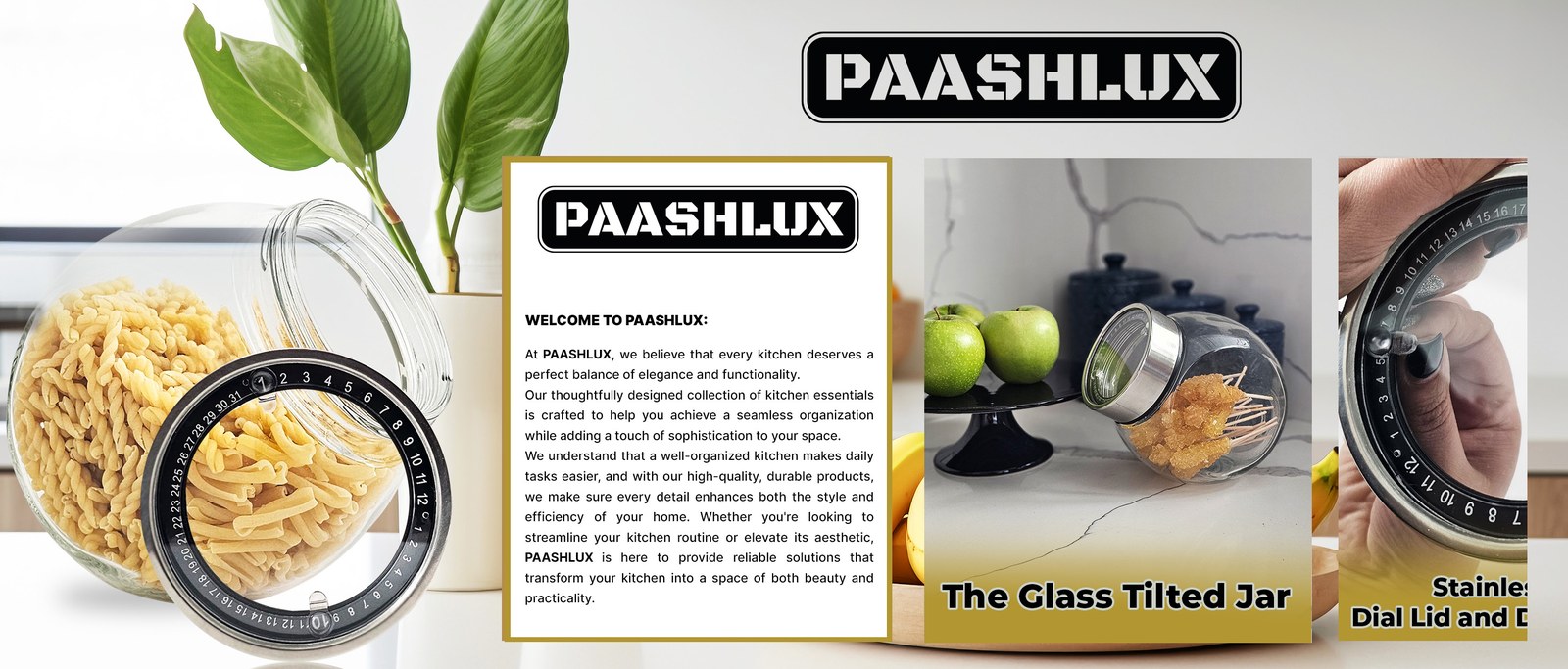 Brand story layout with the welcome card and product cards placed over the kitchen banner